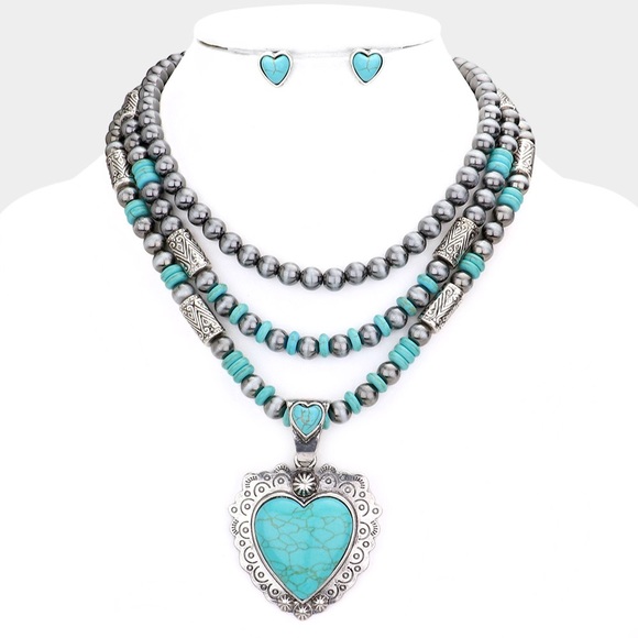 Natural stone heart accented triple layered statement necklace with earring set - Picture 1 of 4
